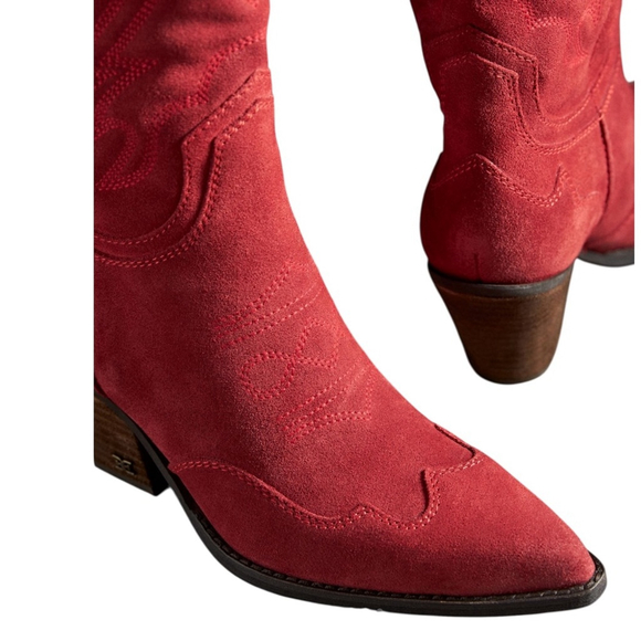 Sam Edelman NWT James Suede Western Boots in RED SCARLET in Sz 7, 8, 8.5 (W) - Picture 3 of 9